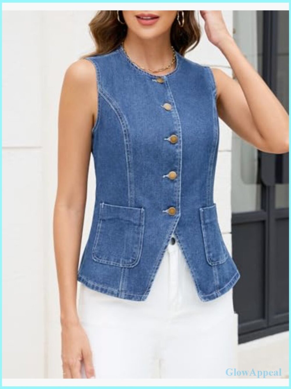 Sleeveless Denim Vest Top Button Down Western Cropped Jean Waistcoat - Picture 2 of 7